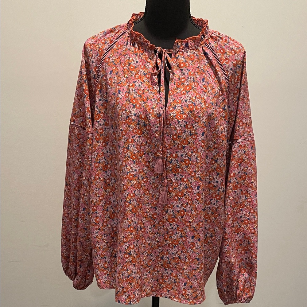 Sanctuary Ditsy Floral Tunic Blouse Size M Coral Orange Boho Chic Cottagecore